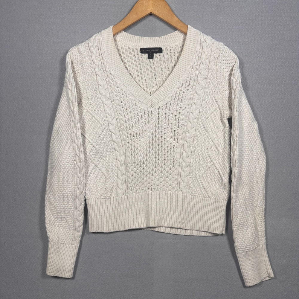 Womens Cream Cable Knit V-Neck Sweater Banana Republic Cotton Blend Size S
